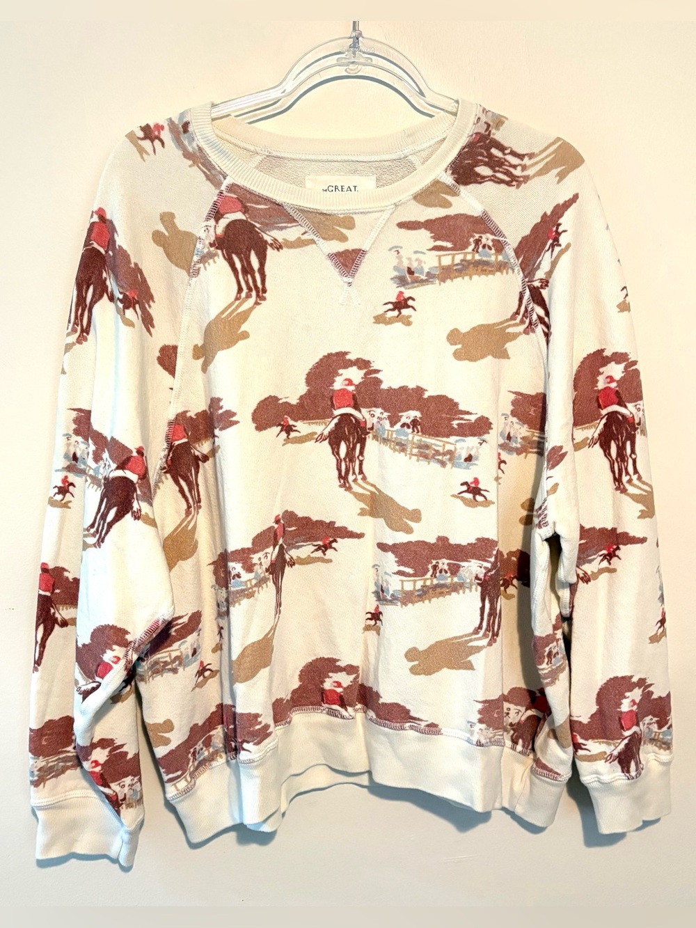 THE GREAT. Cream Western Print Sweatshirt in Brown & Tan - Picture 4 of 8